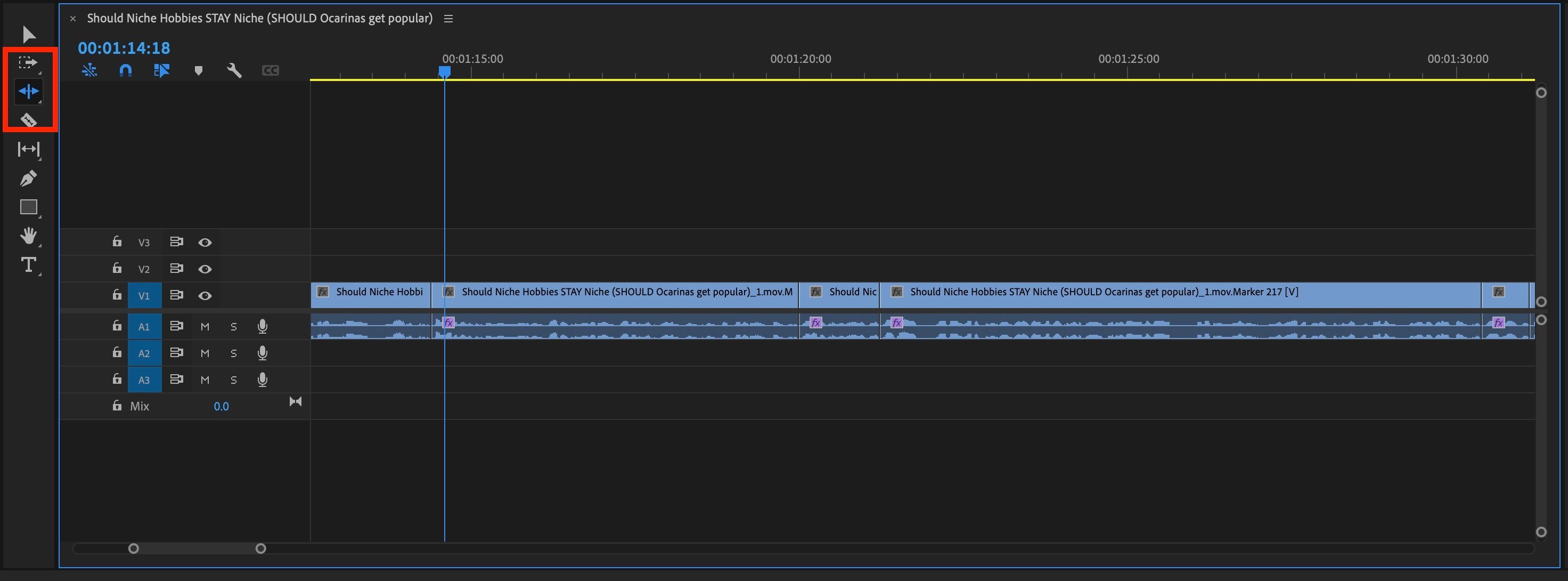 Выбор инструмента Ripple Edit в Adobe Premiere Pro