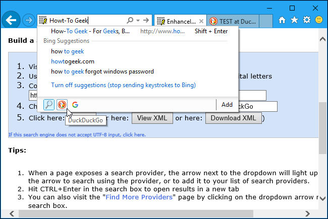 Установка созданного поискового провайдера в IE