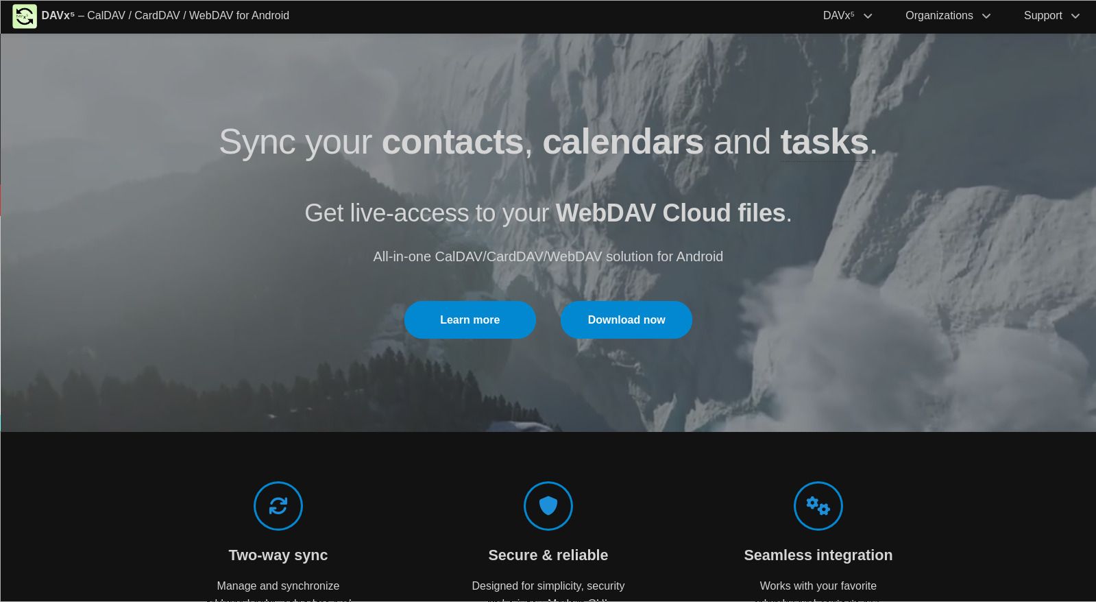 Homepage for the DavX5 app site.