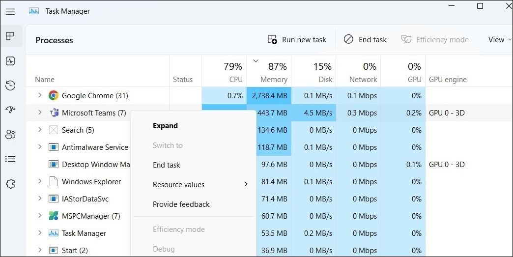 Закрытие Microsoft Teams через Диспетчер задач