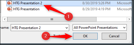 Выбор файла второй презентации для ссылки