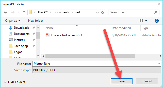 Окно Сохранить PDF как