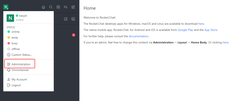 Меню профиля Rocket.Chat
