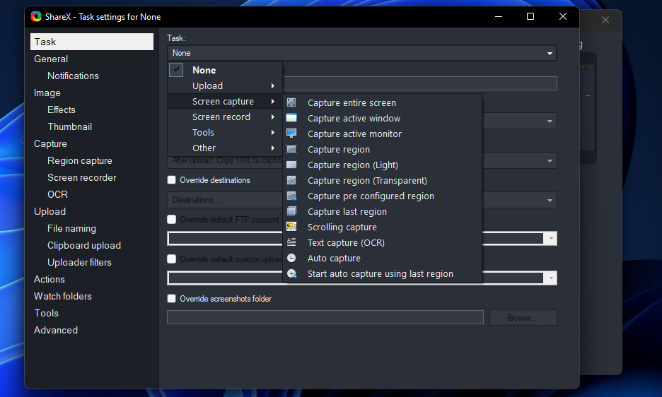 Выпадающее меню Task с выбором режима захвата