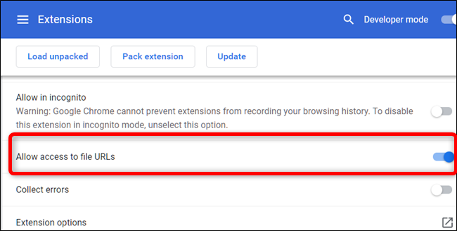 Переключатель «Разрешить доступ к URL файлов» в настройках расширения Chrome