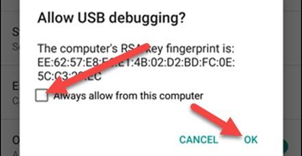 Запрос разрешения USB-отладки с подсказкой об опции 