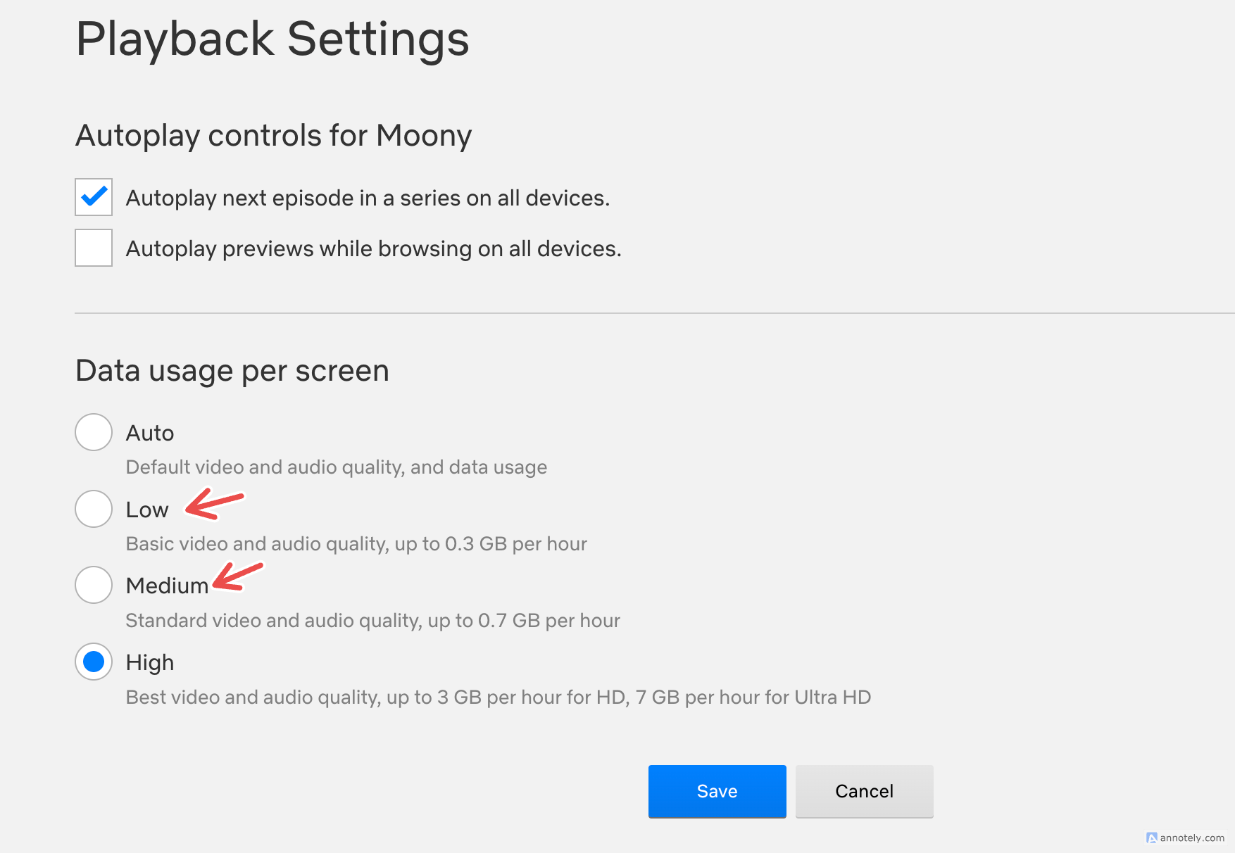 Изменение настроек воспроизведения в веб‑версии Netflix.