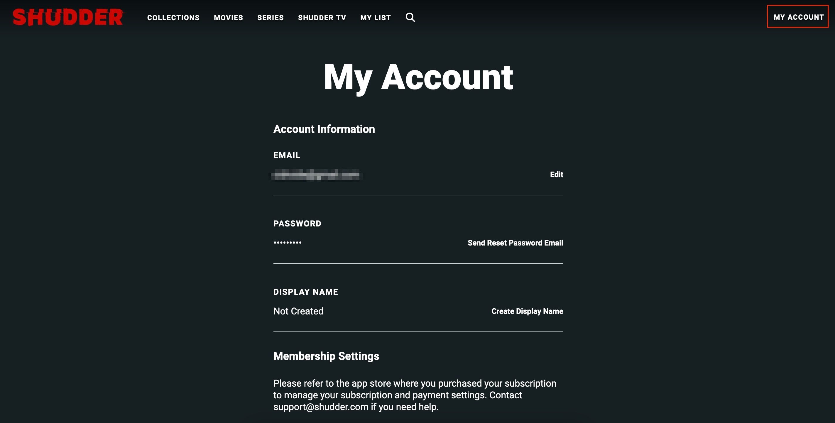 Страница настроек аккаунта Shudder в браузере