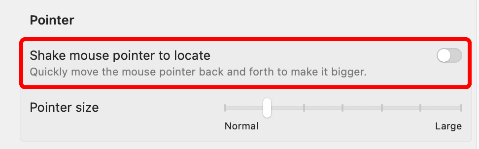 Окно Системных настроек macOS с отключённой функцией увеличения курсора при встряхивании