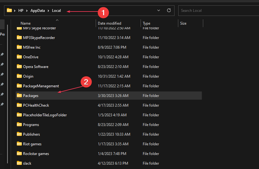 Папка Packages в проводнике Windows