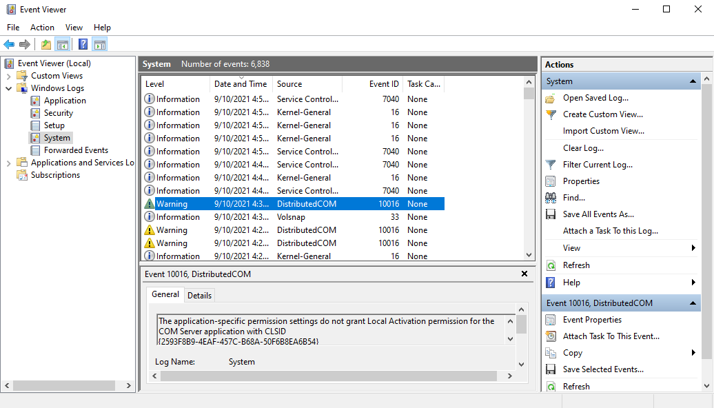 окно Просмотра событий с выделенной записью DCOM 10016