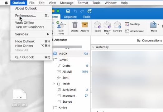 Меню Настройки в Outlook для Mac