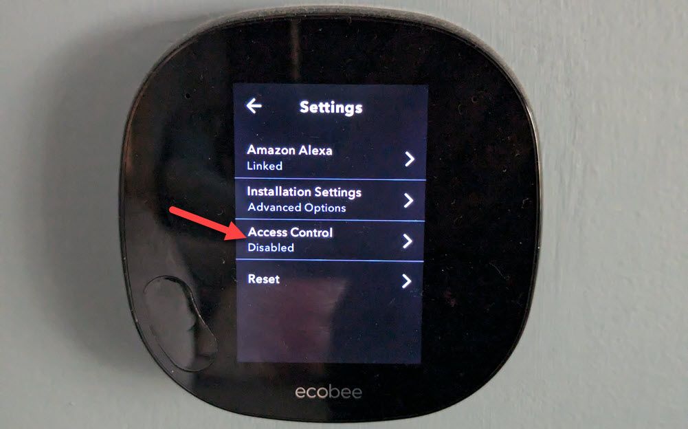 Экран выбора Контроль доступа в меню Ecobee.