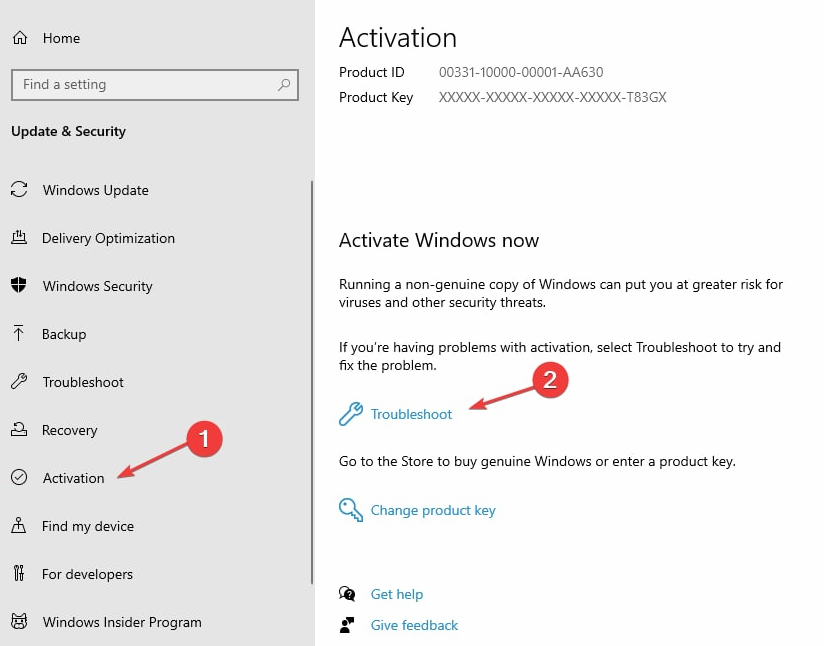 Кнопка Активация и ссылка Устранение неполадок