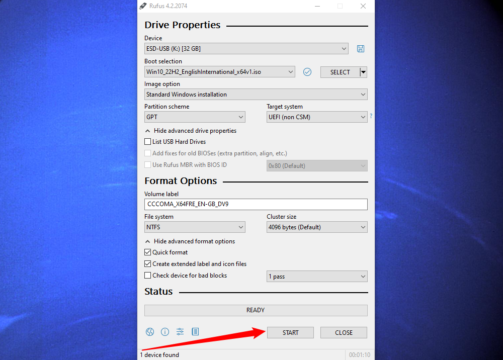 Процесс записи ISO на USB в Rufus, индикатор прогресса.