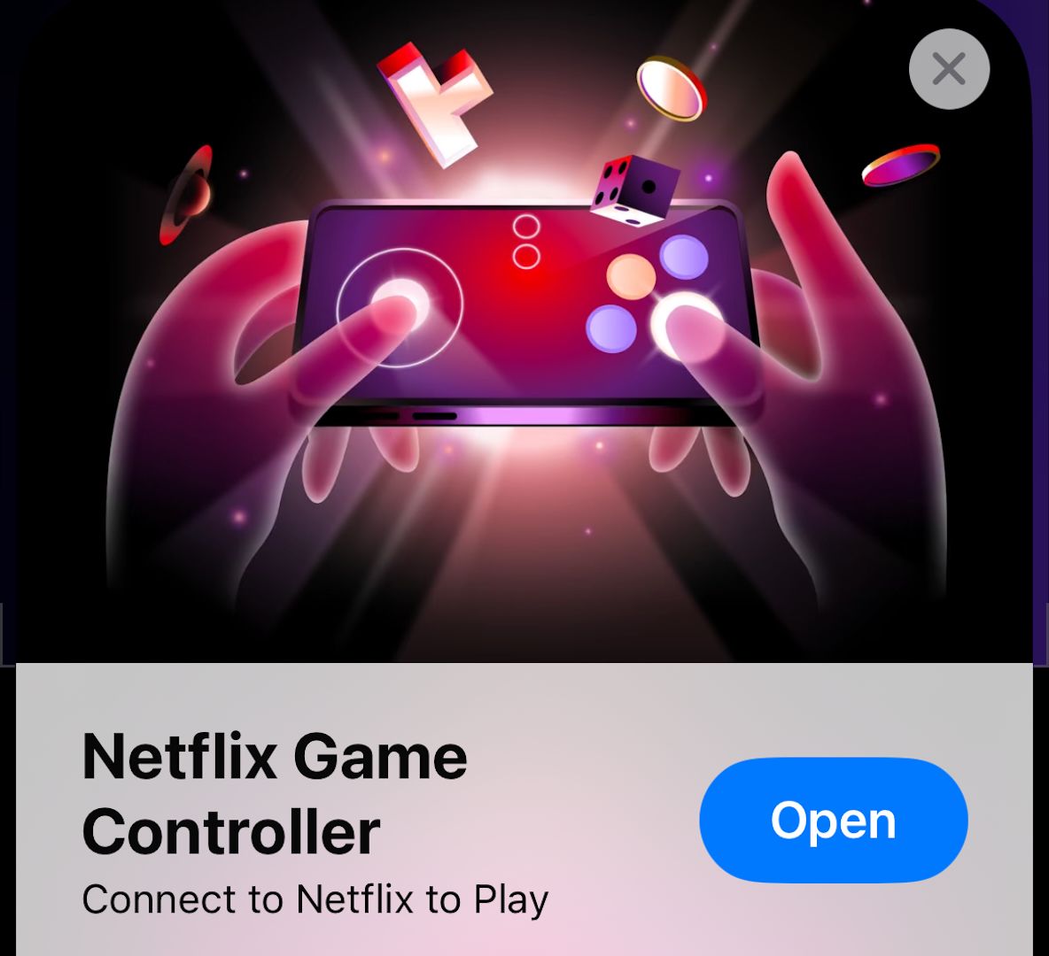 Подсказка открыть приложение Netflix Controller, чтобы использовать смартфон в качестве контроллера.
