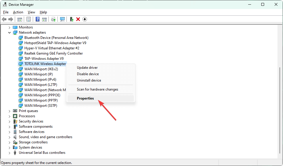 Свойства беспроводного адаптера в Диспетчере устройств