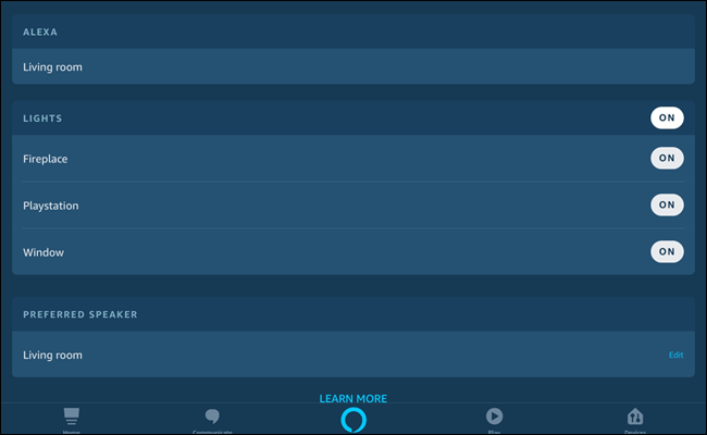 Alexa app with lights named Fireplace, Playstation, and Window