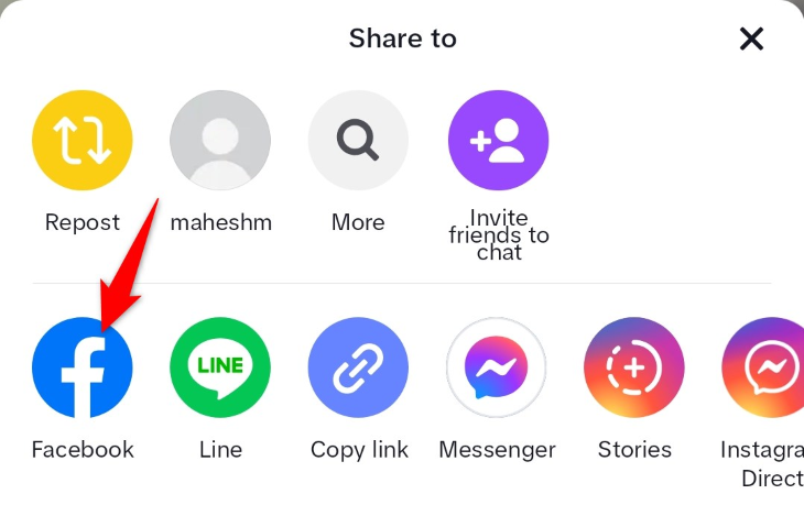 Пункт меню «Facebook» в окне Поделиться TikTok.
