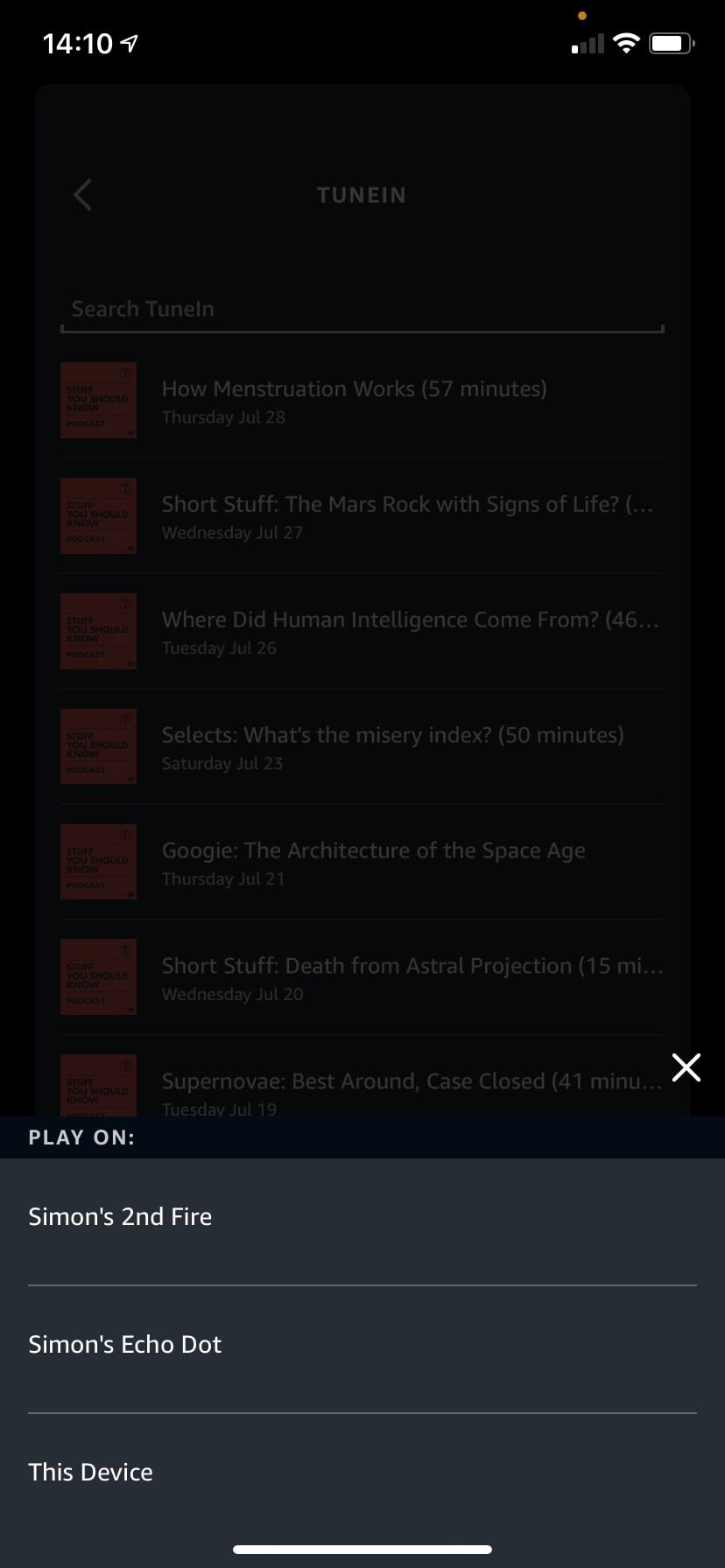 Выбор устройства для воспроизведения в TuneIn