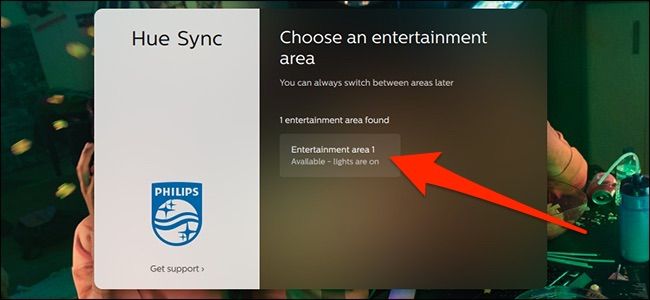 Выбор созданной Entertainment Area в приложении Hue Sync