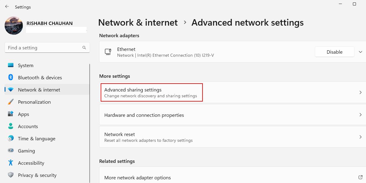 Windows Advanced Network Sharing Settings