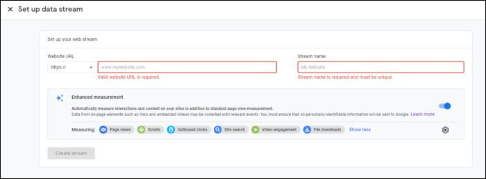 Форма для ввода URL и имени потока данных