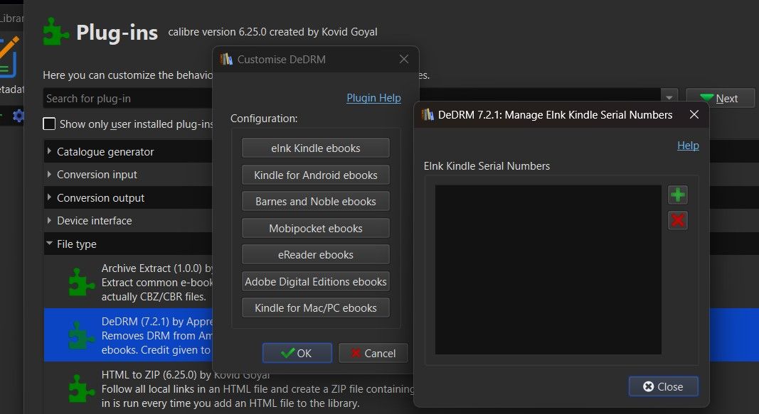 Adding eInk Kindle Serial Number to DeDRM on Calibre