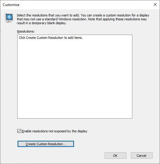 Окно создания пользовательского разрешения в NVIDIA Control Panel
