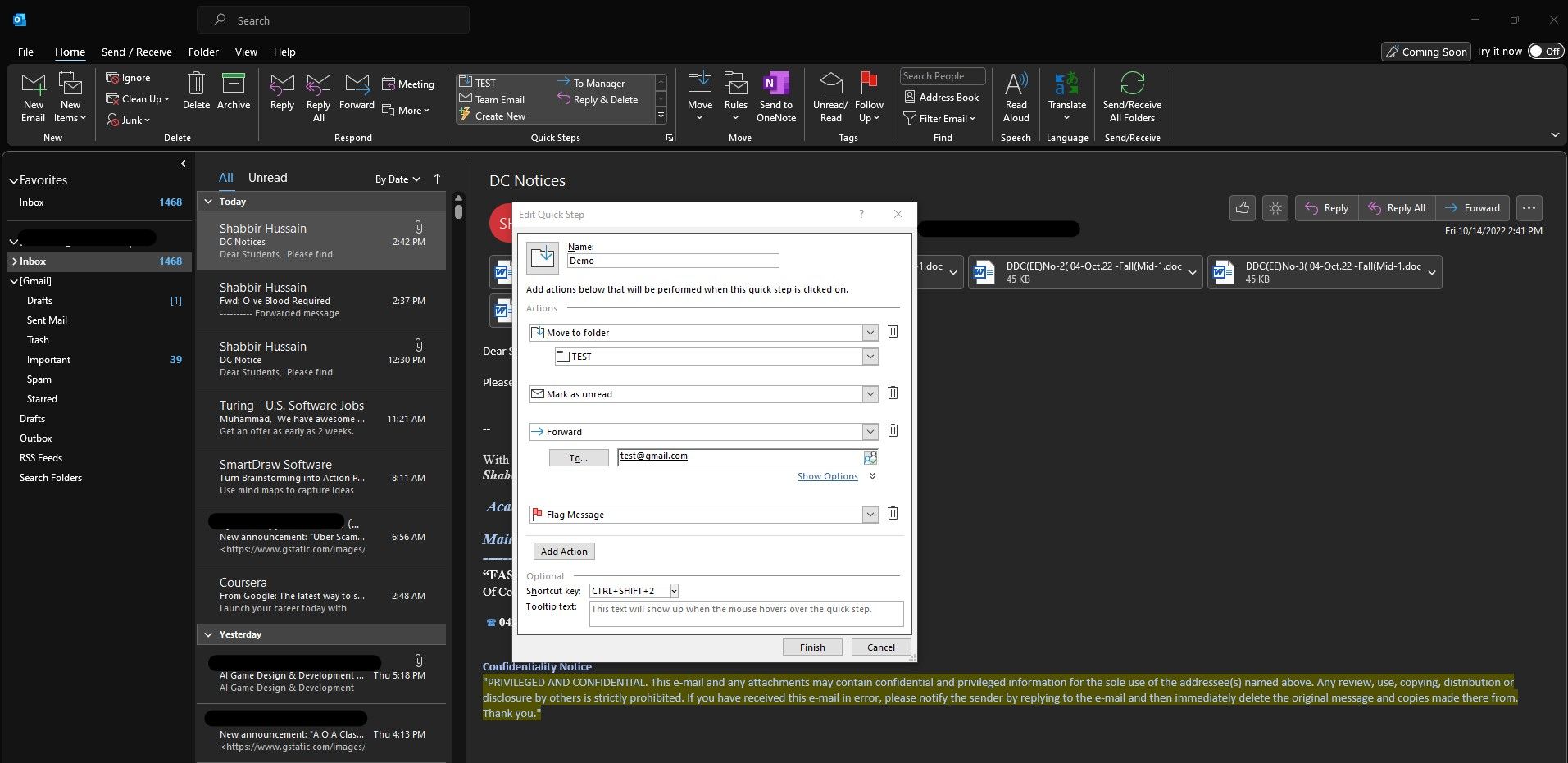 Окно создания нового быстрого шага в Outlook