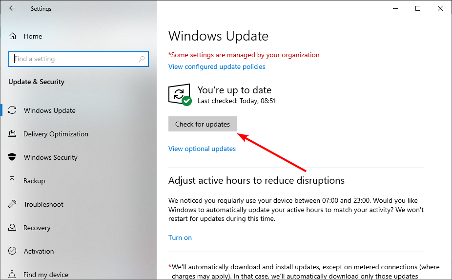 Кнопка Проверить наличие обновлений в настройках Windows