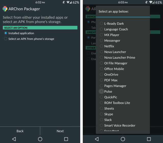 ARChon Packager: выбор установленного приложения
