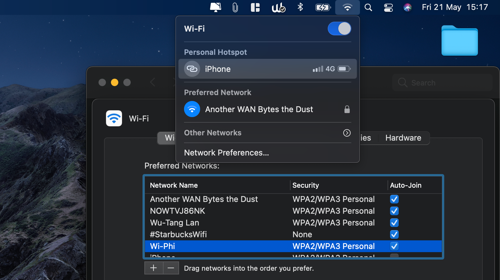 Скриншот меню Wi‑Fi и списка приоритета в macOS.