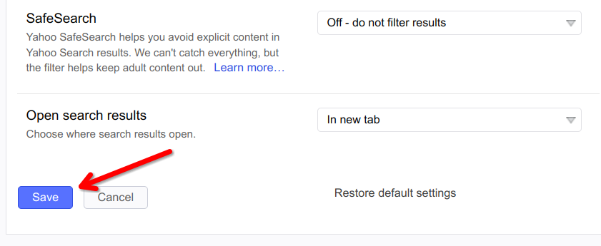 Кнопка Save внизу страницы настроек Yahoo