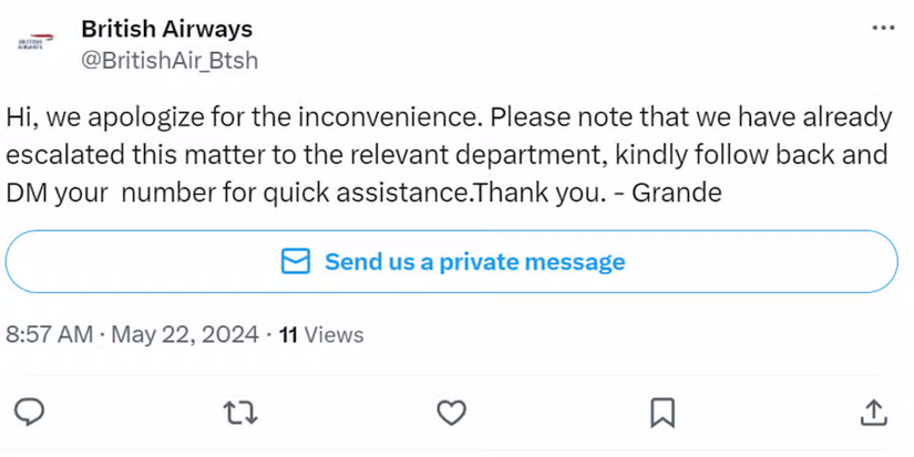 Поддельный аккаунт авиакомпании, приглашающий писать в личные сообщения