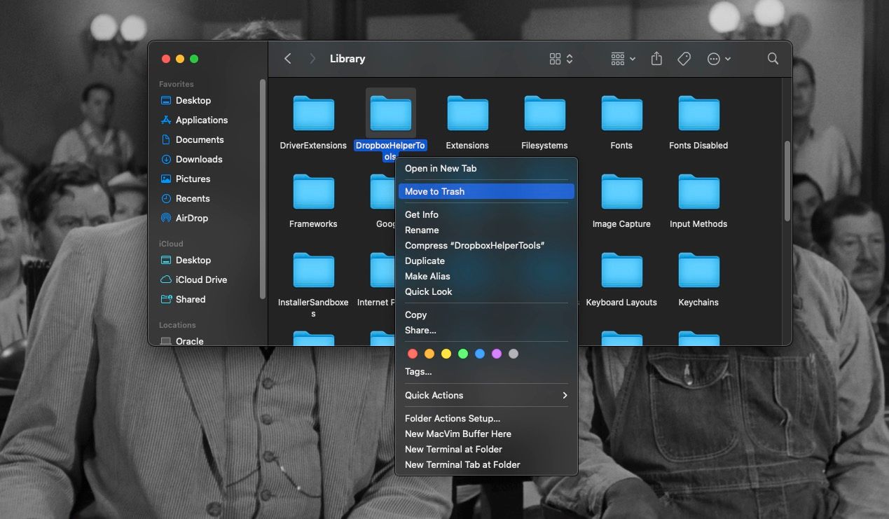 Инструменты Dropbox в /Library выделены для удаления