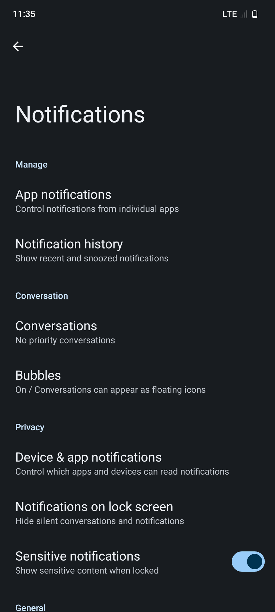 Область уведомлений приложений в настройках Android.