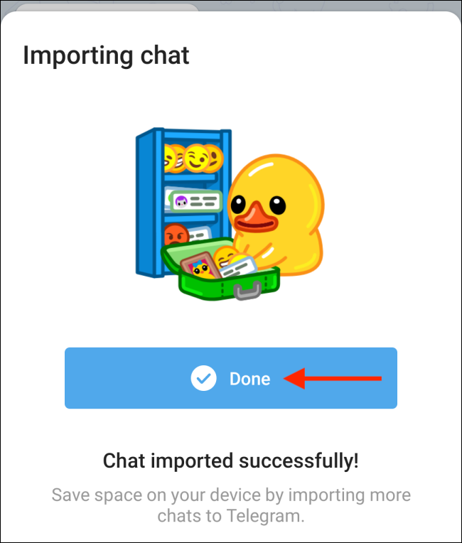 Нажмите Готово после импорта в Telegram