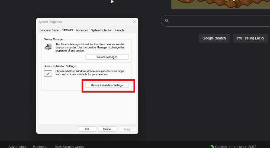 Окно параметров установки устройств в sysdm.cpl