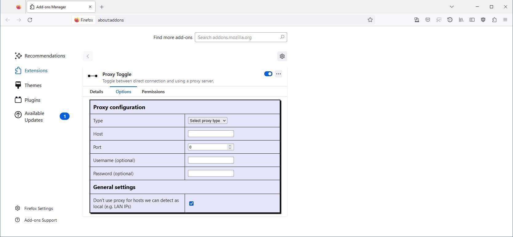 A Screenshot of the Proxy Toggle Firefox Add on in Use