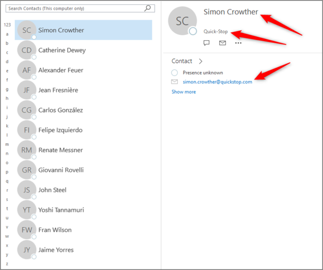 Контакты успешно импортированы в Outlook