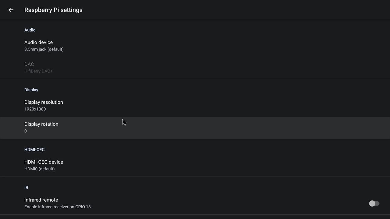 Параметры Raspberry Pi в Android TV