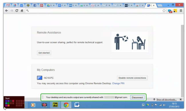 Интерфейс удалённой сессии с меню управления (отключение, отправка клавиш, параметры экрана)
