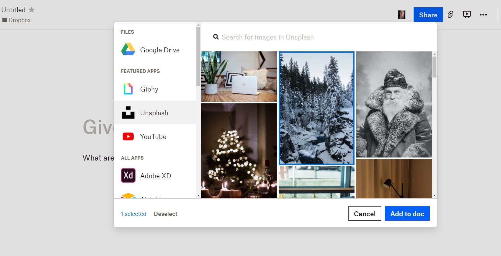 Медиабиблиотека внутри Dropbox Paper