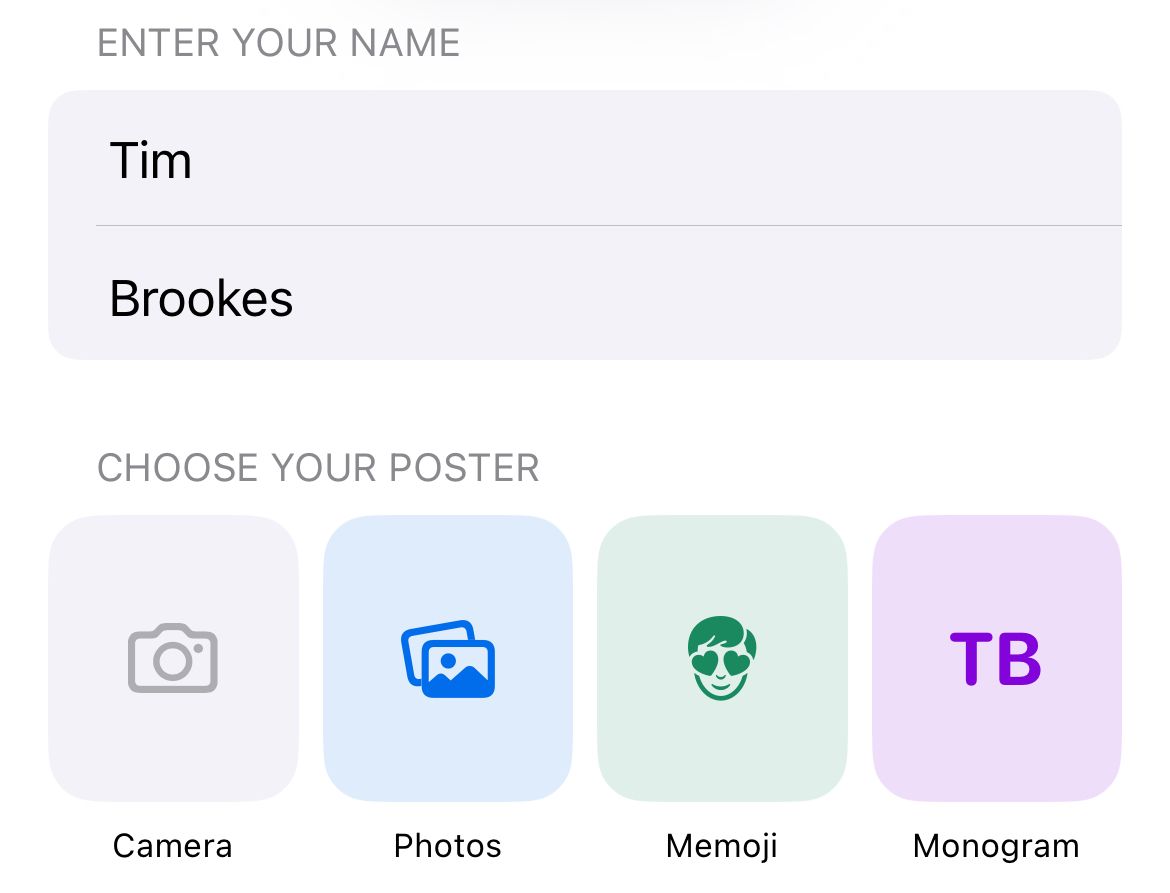 Редактирование имени и выбор фото, memoji или монограммы
