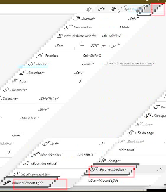 Страница «О программе» в Microsoft Edge для обновления