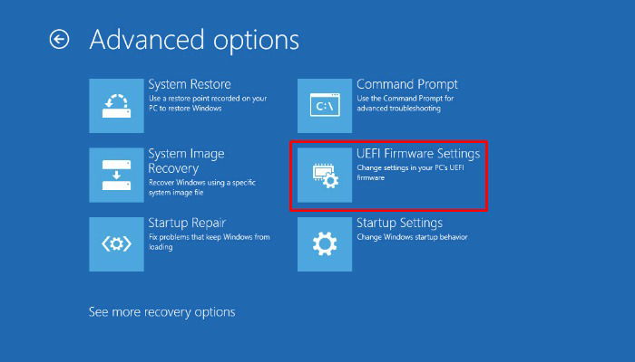 Описание: экран дополнительных параметров Windows с пунктом UEFI Firmware Settings