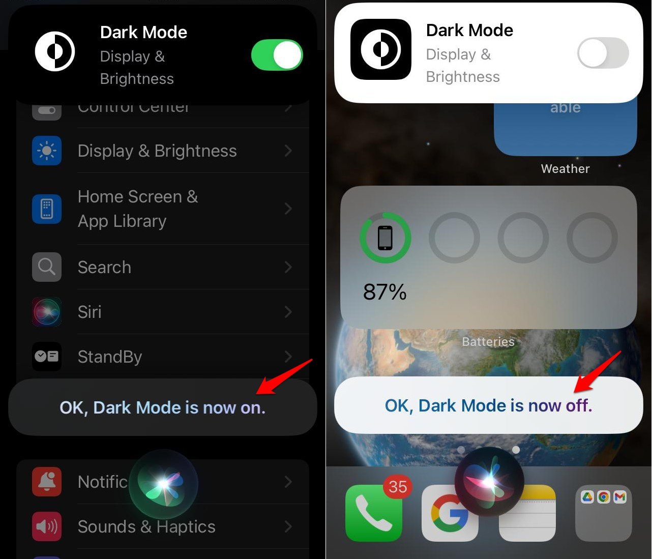 enable and disable dark mode on iPhone using Siri