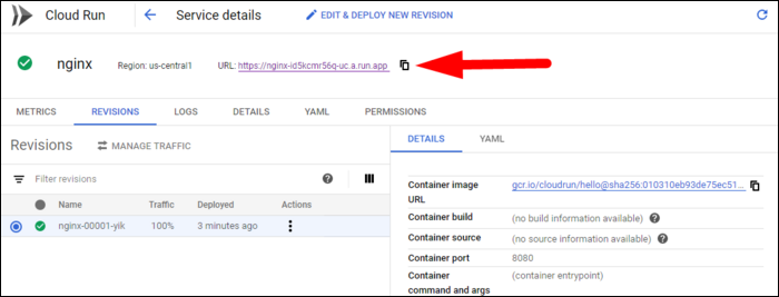 Консоль Cloud Run с деталями сервиса