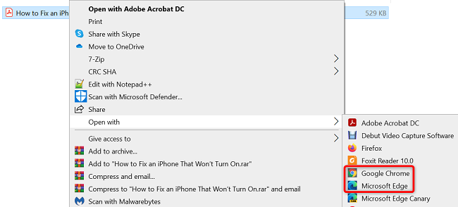 Контекстное меню файла PDF с опцией Открыть с помощью > Google Chrome.